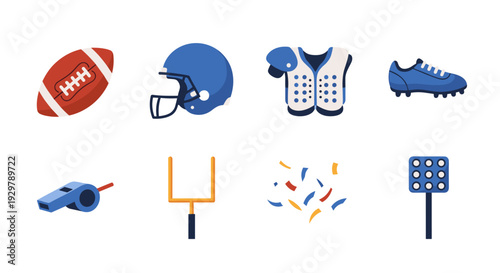 American football equipment and icons in flat design for sports enthusiasts