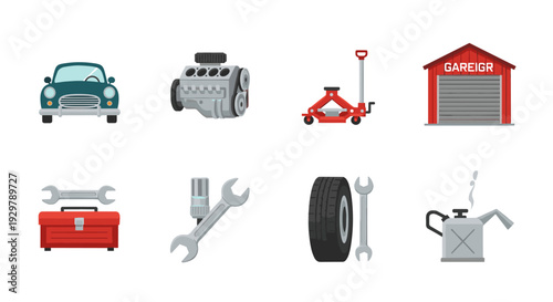 Car service icons set: garage tools and equipment in flat design