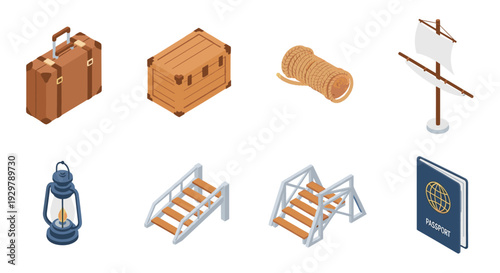 Isometric travel and adventure icons: suitcase, treasure chest, rope, sailboat, lantern, bridges, passport