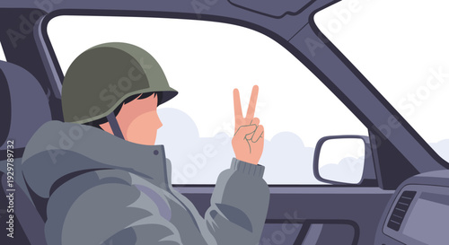 Peaceful gesture in a winter drive with safety helmet