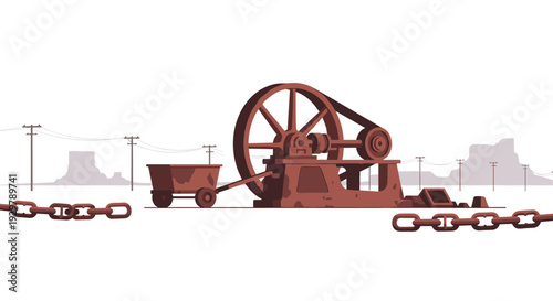 Industrial mining equipment in desert landscape with chains and power lines