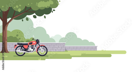 Vintage motorcycle parked under tree in tranquil park setting