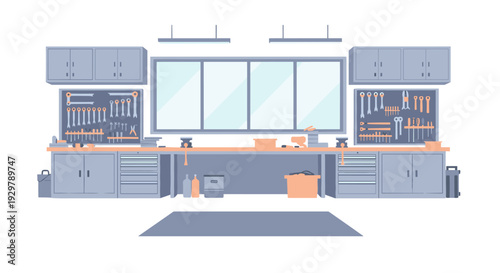 Organized garage workshop with tools and cabinets in modern flat design