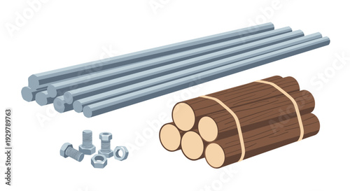 Steel bars, wooden logs, and nuts with bolts: industrial construction materials