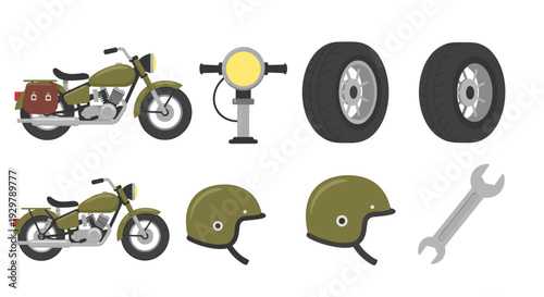 Motorcycle parts collection: helmets, wheels, headlight, and tools in flat design