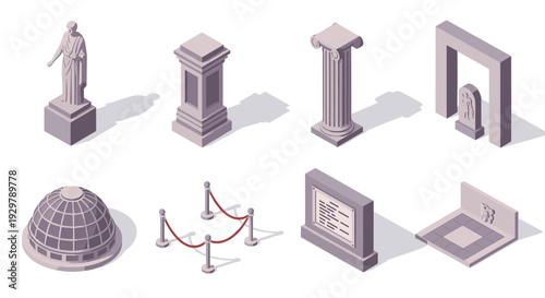 Isometric ancient architecture elements set with columns and statues