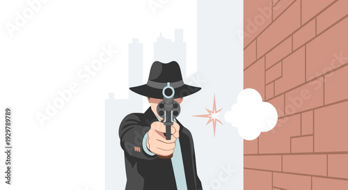 Retro crime scene with gunman in urban setting