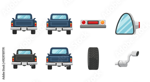 Colorful pickup truck parts set in cartoon style with front, rear views and accessories