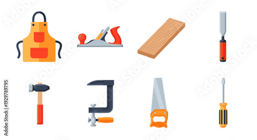 Essential carpentry tools set: flat style icons for diy projects