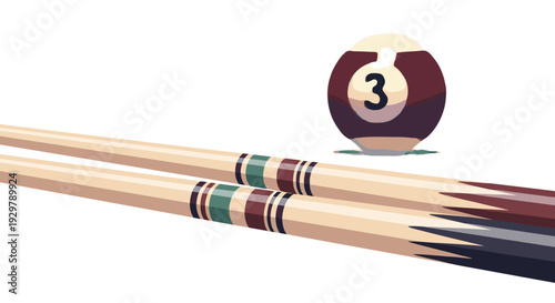 Realistic billiard cues and ball with number three against white background