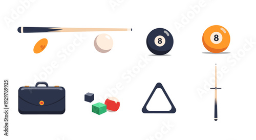Modern billiard game elements featuring balls, cues, and accessories in a clean flat design