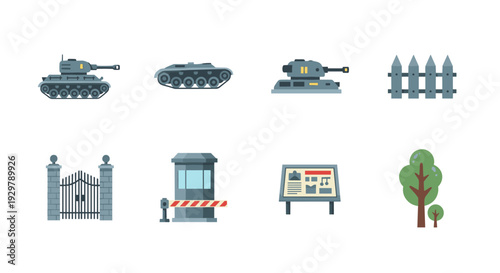 Military elements set: tanks, gates, barricades, and trees for defense themes