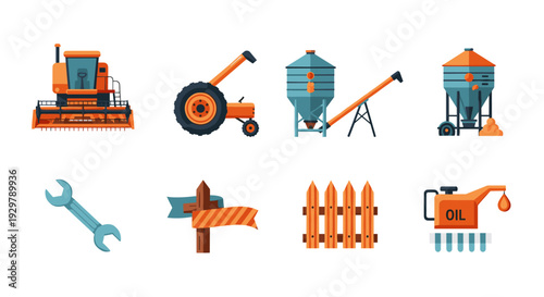 Colorful farm equipment and tools icons collection