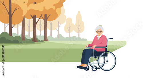 Elderly woman in wheelchair enjoying autumn park scenery