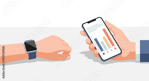 Isometric hands holding smartphone and wearing smartwatch with graphs on screen