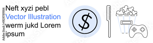 Finance, entertainment, gaming, budgeting, planning, leisure activities. Dollar sign in a circle with popcorn, pen gaming controller. Finance and entertainment concept highlighting leisure and money