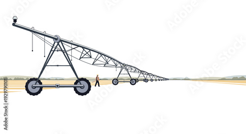 Modern irrigation system in agricultural landscape with farmer under blue sky