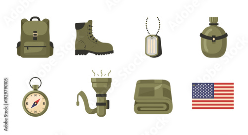 Military equipment set with backpack, boots, and american flag