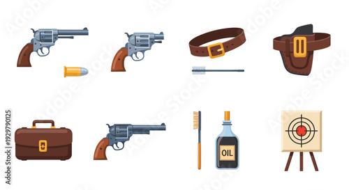 Flat style gun accessories with revolvers, belt, and target setup