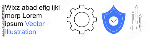 Security, growth, system optimization, success, data protection, engineering. A cogwheel, shield with a checkmark and arrows pointing upwards. Security and growth concepts illustrated