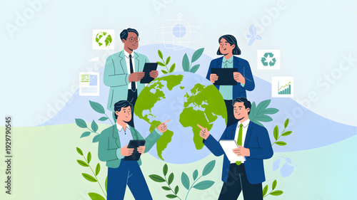 Business people around green earth globe.