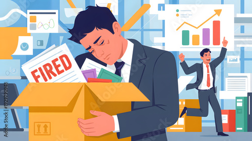 Sad businessman packing up office belongings.