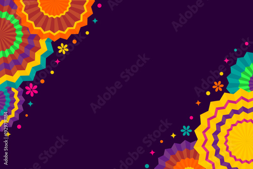 Mexican fiesta background with colorful paper fans on dark purple, festive border with copy space for Cinco de Mayo, vibrant party rosettes and confetti stars decorative frame, vector celebration bann