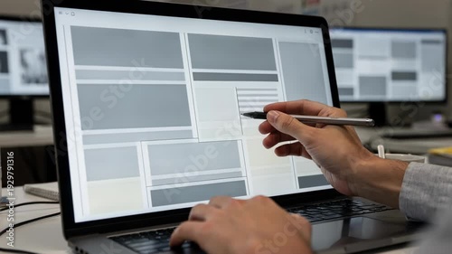 Medium shot of a digital screen showing a political frontpage layout with headlines and photos designers hand adjusting text columns in sharp focus.