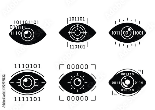 Collection of futuristic eyes with binary code patterns depicting technological surveillance