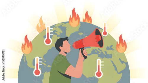 Man shouting through megaphone on Earth with flames and thermometers.