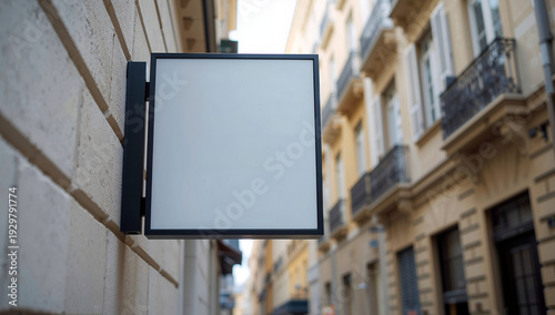 Blank square black framed sign mockup mounted on exterior wall of european building