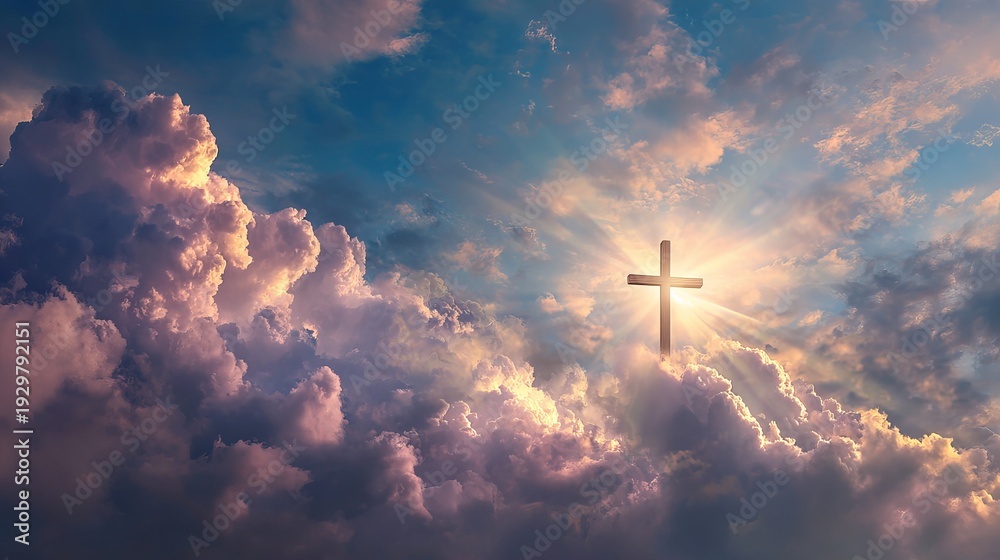 Obraz premium A large cross stands in the clouds with the sun shining through