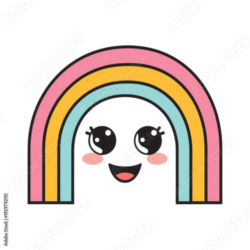 Cute cartoon face with rainbow hair and long eyelashes smiling happily Vector, illustration