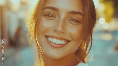 Joyful young woman with freckles, smiling broadly in warm sunlight with bokeh background
