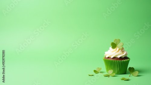 decorated cupcake on light green background with space for text st patricks day celebration concept of bakery marketing, holiday promotion, food advertising