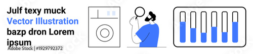 Scientist examining filled test tubes with magnifying glass, laundry machine nearby. Ideal for science, experiments, research, laundry care, technology, discovery, simple landing page
