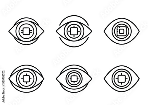 Six abstract technological eye icons arranged in a two by three matrix