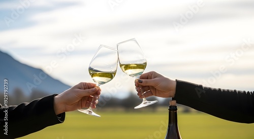 Two people clinking wine glasses in a scenic outdoor setting with a mountain view