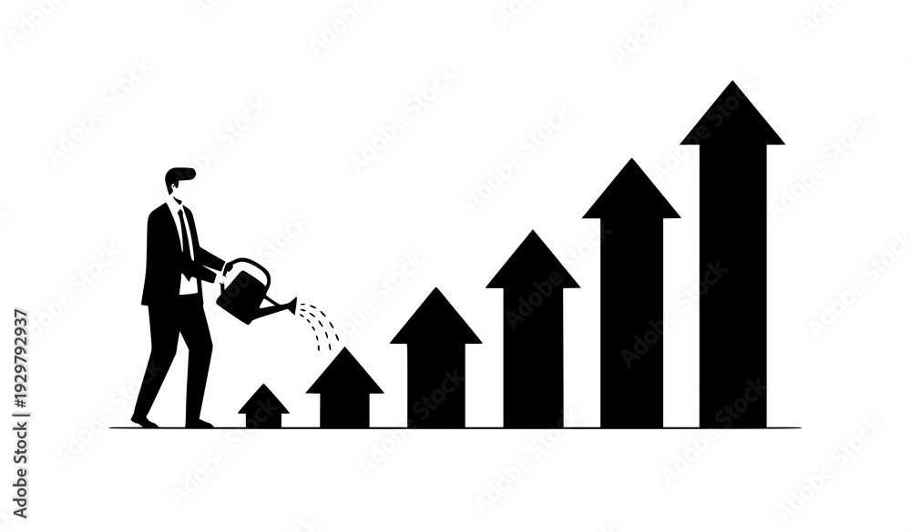 Fototapeta premium Business Growth Concept Person Watering Upward Arrows Vector on White