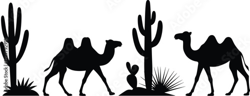 Desert camel caravan silhouettes with cactus plants arid landscape wildlife travel adventure illustration set isolated on white background