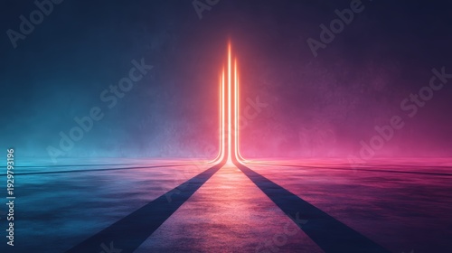 A vibrant scene featuring glowing neon lights converging in the distance, casting long shadows on a smooth surface, evoking a sense of depth and intrigue.