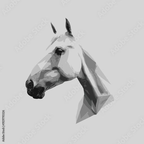 Elegant horse head portrait combining realistic grayscale photography with subtle low poly geometric overlays. Clean background and soft shadows highlight refined contours and sculptural form. A moder