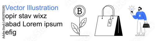 Cryptocurrency, e-commerce, sustainability, innovation, financial growth, eco-consciousness. Bitcoin plant, shopping bag and a person holding a bulb. Cryptocurrency and e-commerce concepts