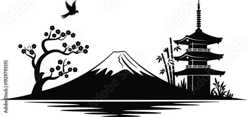 Japanese landscape silhouette with Mount Fuji, pagoda temple, cherry blossom tree, flying bird, and water reflection illustration vector art