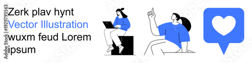 Social media, communication, online interaction, technology, connection, digital networking. A person using a laptop, another person gesturing and a heart icon in a speech bubble. Social media