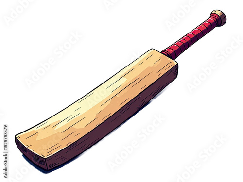 A wooden cricket bat with a distinctive red handle, ideal for illustrations or graphics about sports equipment or summer activities