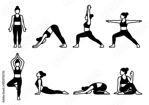 Clean line art yoga poses set featuring a woman practicing different asanas for fitness and mindfulness