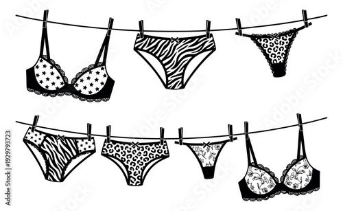Hand drawn line art lingerie set featuring bras and panties with various patterns drying on a clothesline for fashion design