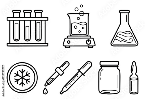 Line art laboratory equipment set featuring test tubes, beaker, flask, pipettes, jar, ampoule and a freeze symbol for scientific research