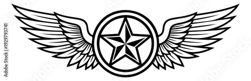 Line art illustration of a winged star emblem depicting achievement and honor for military and aviation design